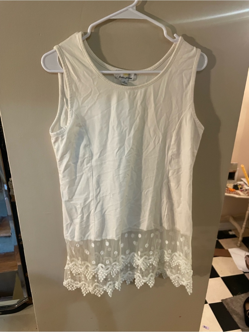 Kathleen Kirkwood cream colored Sleeveless Tank with Lace & Polka Dot Mesh Hem